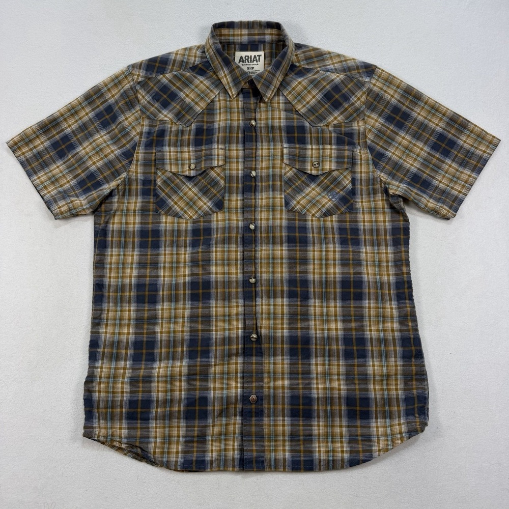 Ariat Retro Fit Pearl Snap Western Short Sleeve Button Up Shirt Mens Small Blue - Picture 2 of 6
